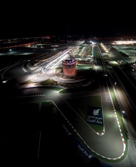 Aerial night view of Bahrain International Circuit (BIC).  Photographed by Jasim Al Bastaki Bahrain Circuit, Bahrain Grand Prix, Night View, Bahrain, Grand Prix, Formula 1, Circuit, Fair Grounds, Fan