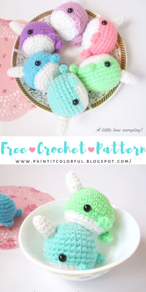 Hello all! As promised i'm here with a free amigurumi pattern for Narwhals. They are tiny, cute and very easy to make. You can skip the tusk and you'll get a whale. Serves as a two in one pattern!!So let's dive into the crochet tutorial without further ado.. #knittingideas #crochetideas #knitting Crochet Narwhal, Confection Au Crochet, Pola Amigurumi, Crochet Animals Free Patterns, Kawaii Crochet, Crochet Amigurumi Free Patterns, Crochet Amigurumi Free, Crochet Simple, A Whale