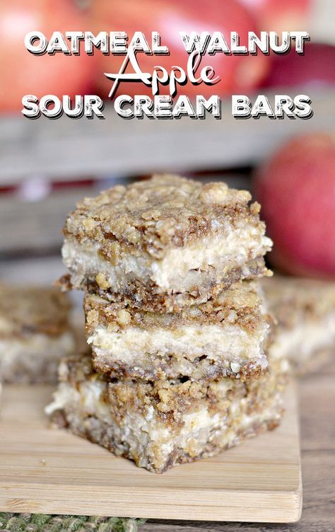 Oatmeal Walnut Apple Sour Cream Bars Easy Apple Bars, Sour Cream Bars, Apple Walnut, Apple Bars, Cake Mix Cookie Recipes, Ultimate Breakfast, Favorite Dessert Recipes, Bars Recipe, Easy Cookie Recipes