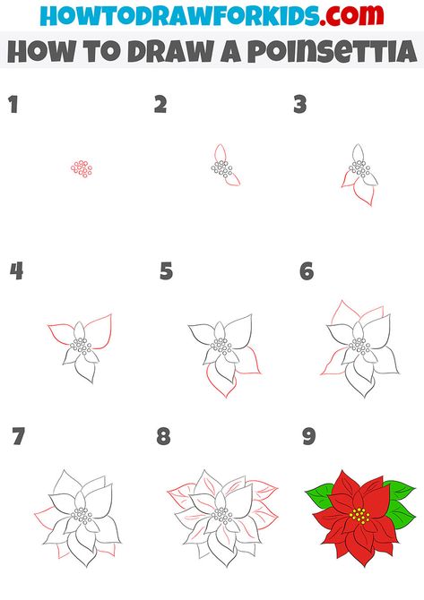 Poinsettia Painting Easy, Drawing Poinsettia, Poinsettia Sketch, Pointsetta Flower Drawing, How To Draw A Poinsettia Step By Step, How To Draw A Poinsettia, Draw A Poinsettia, Poinsettia Drawing Simple, Poinsettia Doodle