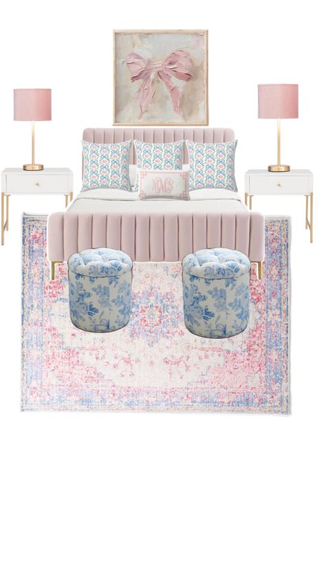 Love Shack Fancy Bedroom Ideas, Blue Love Shack Fancy Bedroom, Light Pink And Blue Room, Love Shack Fancy Inspired Bedroom, Pink Blue And White Bedroom, Room Inspo 2024, Aesthetic Room Ideas Pink, Love Shack Fancy Room, Girly Bedroom Aesthetic