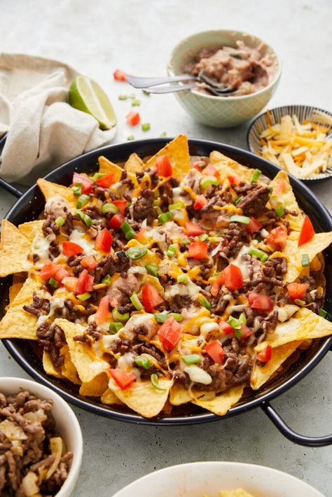 Beef Nachos | Baked Bree Baked Nachos Recipe Beef, Baked Nachos Recipe, Nachos Supreme Recipe, Nachos Recipe Beef, Beef Nachos, Tomato Snacks, Baked Nachos, Nachos Supreme, Dinner Suggestions