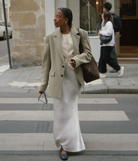 Wearing a Blazer over a Maxi Dress — Marcia Crivorot Slip Dress Oversized Blazer, Maxi Skirt And Blazer Outfits, Maxi Dress And Jacket, Maxi Dress And Blazer Outfit, Blazer And Maxi Skirt, Simple Autumn Outfits, Blazer With A Dress, Skirt And Blazer Outfit, Maxi Skirt Blazer