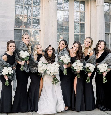 Black Bridesmaid Dress Winter, Christmas Bridesmaid Dresses, January Wedding Colors, Bridesmaid Dresses White, Greenery Bouquets, Winter Wedding Attire, Winter Wedding Fur, Winter Wedding Bridesmaids, Colors For 2024