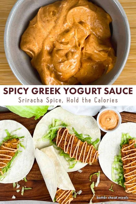 Discover a healthier way to satisfy your spicy cravings with this Greek yogurt sauce! 🥒 Packed with protein-rich yogurt and infused with fiery sriracha, it's the perfect blend of creamy and spicy. 🔥 Drizzle over grilled or baked chicken or your favorite tacos for a flavor-packed meal that's low in calories but high in taste. 😋 This versatile sauce also doubles as a zesty dip or spread. 🥗 Whip it up in minutes for a quick and easy way to add a kick to your dishes! 💪 #healthyspicysauce Spicy Yogurt Dip, Greek Yogurt Sauce For Chicken, Spicy Cravings, Low Calorie Condiments, Greek Yogurt Dipping Sauce, Spicy Yogurt Sauce, Spicy Chicken Wrap, Greek Sauce, Greek Yogurt Sauce