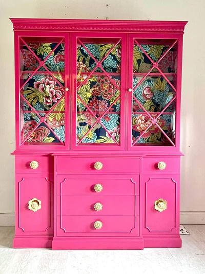 Furnitures and Accessories - The Resplendent Crow – Page 8 Pink China Cabinet, Hot Pink Furniture, Pink Cabinets, Colorful Coastal, Coastal Tropical, Pink China, Pink Furniture, China Collection, China Cabinets