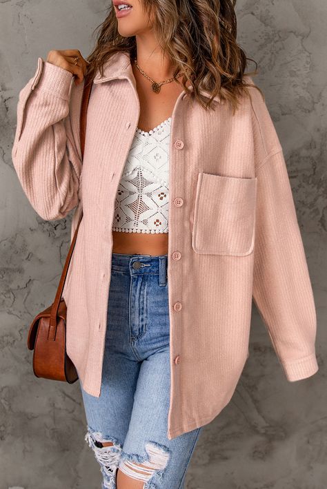 Fleece Shacket, Ribbed Jacket, Oversize Casual, Long Jeans, Ribbed Texture, Workout Jacket, Pink Shirt, Jacket Buttons, Plus Size Casual