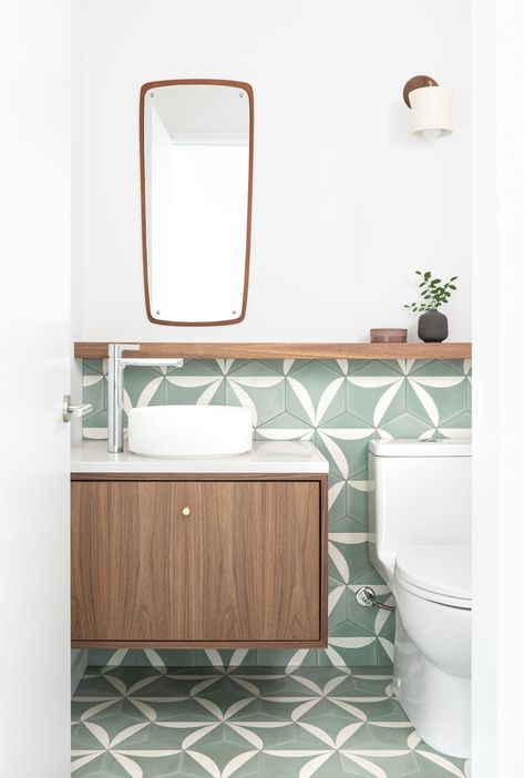 Modern Powder Rooms, Modern Powder Room, Vanity Inspiration, Powder Room Vanity, Mid Century Modern Bathroom, Media Consoles, Sarah Richardson, Dinner Ware, Mid Century Bathroom