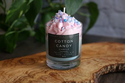 This sweet candle smells just like our favorite carnival treat!   Our candles are all natural-hand poured-highest quality soy- vegan-lead free wicks- infused with the highest quality fragrance oils. Our farm candles are made in the high plains of Colorado on our third generation farm. We are proud of our handmade candles and know you will enjoy the ambiance they create while burning! Cotton Candy Dessert, Cotton Candy Candle, Weird Candles, Candy Candle, Dessert Candle, Sweet Candles, Homemade Scented Candles, Candle Making Business, Dessert Candles