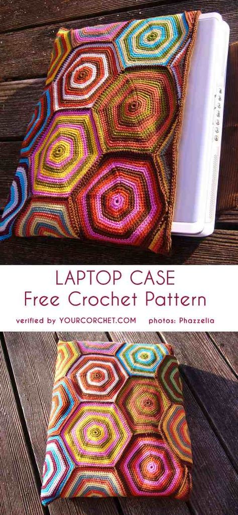 Laptop Case Pattern, Crochet Laptop Case, Crochet Hexagon Blanket, Hexagon Crochet Pattern, Crochet Hack, Laptop Cover, Crochet Hexagon, Manta Crochet, Crochet Patterns Free Blanket