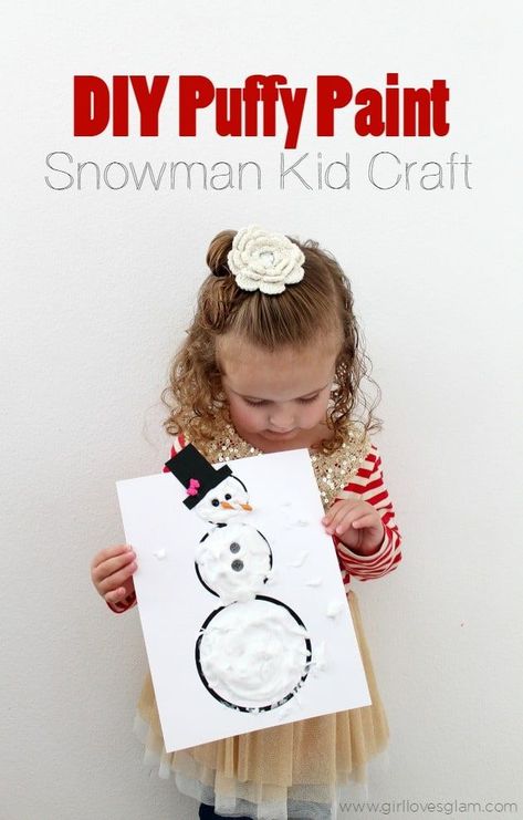 DIY Puffy Paint Snowman Kid Craft on www.girllovesglam.com White Day Celebration In Preschool, Paint Snowman, Boys Activities, Diy Puffy Paint, Snow Paint, Snowman Art, Winter Favorites, December Activities, Education Art