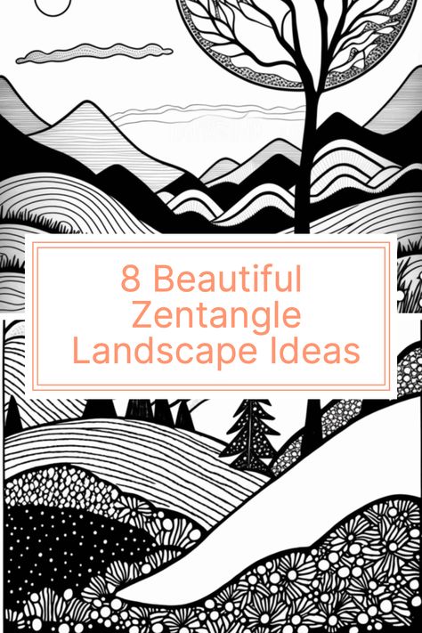 Zentangle Landscape Nature, Zen Patterns Art, Zen Tangle Landscape, Zentangle Landscape Line Drawings, Zentangle Mountains, Zentangle Inspired Art, Beginner Zentangle Patterns Step By Step, Doodles Landscape, Landscape Zentangle