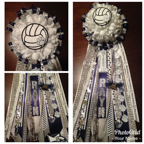 Navy white and silver volleyball homecoming mum garter Volleyball Homecoming Mum, Volleyball Mums Homecoming, Night Volleyball, Hoco Mums, Volleyball Senior Night, Senior Homecoming, Texas Homecoming Mums, Mum Ideas, Mums The Word