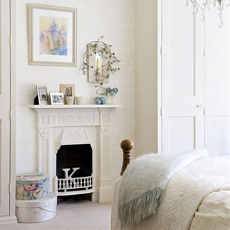 A white painted victorian fireplace, perfect for the master bedroom. Bedroom Fireplace Decor, 25 Beautiful Homes, Victorian Bedroom, Victorian Fireplace, 1930s House, Neutral Bedrooms, Bedroom Fireplace, Awesome Bedrooms, Fireplace Design