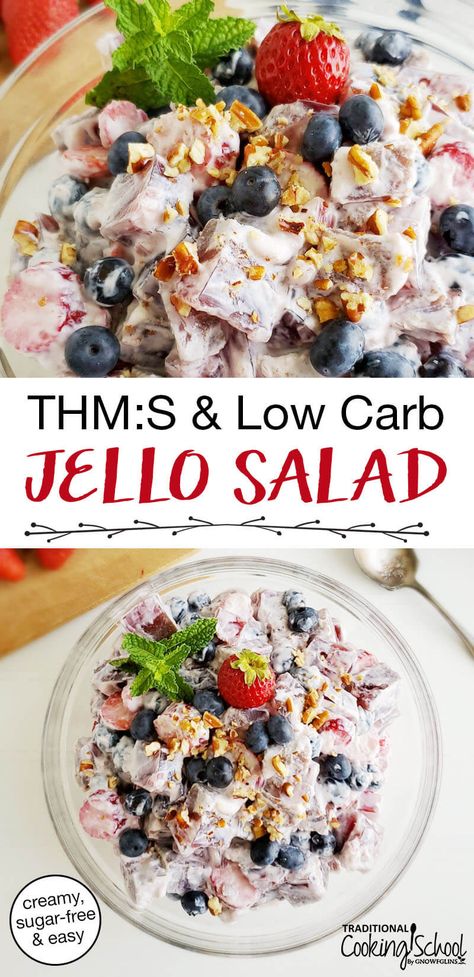 I grew up eating jello salad at every family get together & holiday. Whether Easter, Thanksgiving, or Christmas... it didn't matter! You could count on the jello salad. Sadly, it's about as unhealthy as you get! So in the spirit of nostalgia & yummy recipes, may I present actually healthy jello salad that's creamy, easy, and 100% free of Cool Whip! It's Trim Healthy Mama-friendly, Low Carb, and sugar-free so almost anyone can dig in! #desserts #healthy #lowcarb #jellosalad #strawberry Healthy Jello, Low Glycemic Desserts, Gelatin Recipes, Desserts Healthy, Full Fat Yogurt, Jello Salad, Pumpkin Roll, Family Get Together, Dessert Options