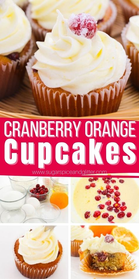 How to make cranberry orange cupcakes with orange buttercream frosting and sugared cranberry garnish. These punchy Christmas cupcakes are a refreshing alternative to chocolate cupcakes to add to your holiday baking list. Cranberry Orange Cupcakes Holidays, Cranberry Buttercream Frosting, Holiday Cupcakes Christmas Flavors, Fruit Cake Cupcakes, Cranberry Cupcakes Recipe, Orange Cranberry Cupcakes, Christmas Flavored Cupcakes, Christmas Cupcake Flavor Ideas, Punchy Christmas