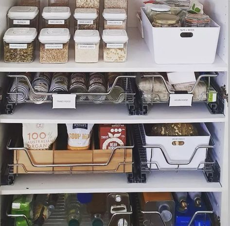 Deep Cupboard Organization, Pantry Shelf Organizer, Deep Pantry Organization, Narrow Pantry, Tupperware Organizing, Deep Pantry, Stacking Bins, Pantry Containers, Pantry Drawers