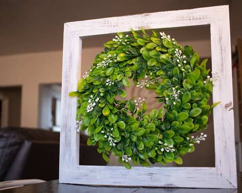 Framed Wreath, Wreath In Frame, Frame With Wreath, Wreath Inside, Installing Shiplap, Small Wreaths, Hanging Wreath, Diy Farmhouse Decor, Window Frame