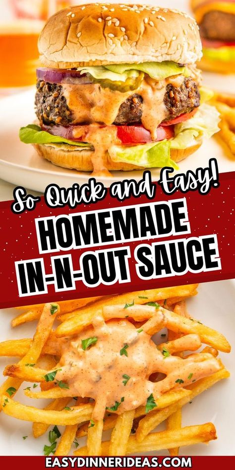 This copycat In and Out sauce recipe is a creamy, tangy sauce that takes burgers and fries to the next level! Make this famous fry and burger sauce easily in minutes with a handful of condiments you likely already have in the fridge. Innout Sauce, In And Out Burger Sauce, Copycat In And Out Sauce, In And Out Sauce Recipe, Boss Sauce Recipe, Easy Burger Sauce, In And Out Sauce, Good Burger Sauce Recipe, In N Out Sauce