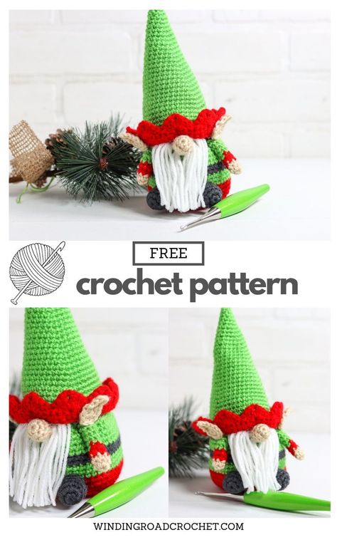 A crochet elf gnome makes a great gift for the holiday season. Free crochet pattern for a cute Christmas gnome with helpful videos. Pattern by Lindsey at Winding Road Crochet. Crochet Gnomes Pattern Free, Crochet Elf, Winding Road Crochet, Elf Gnome, Crochet Store, Gnome Pattern, Confection Au Crochet, Crochet Xmas, Crochet Amigurumi Free Patterns