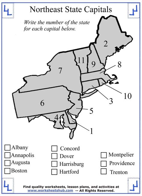 Northeast States And Capitals Worksheet Free, Fourth Grade Social Studies, Us Map Printable, State Capitals Quiz, Map Quiz, Geography Quiz, Geography Worksheets, Us State Map, Map Worksheets