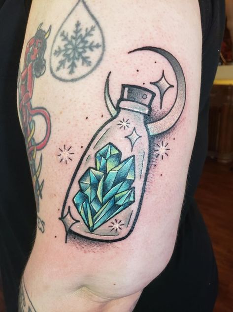 Crystal Potion Bottle Tattoo, Potion Bottle Tattoo, Potion Tattoo, Stone Tattoo, Gem Tattoo, Crystal Tattoo, Ancient Tattoo, Crystal Drawing, Bottle Tattoo