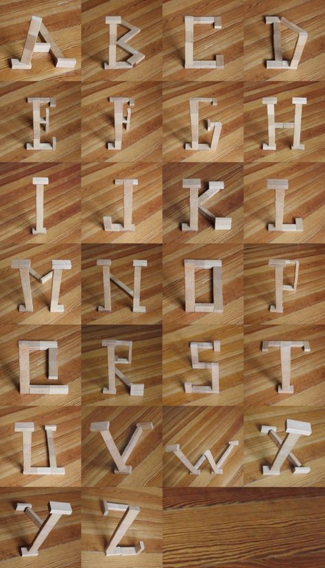 Block Type Experiment - the letters are actually illusions of perspective, viewable only from the photographed angle, certain elements stacked high while others layered below are actually far in the background. Designed and photographed by Marc Böttler Block Center Preschool, Wooden Block Letters, Blocks Preschool, Block Center, Block Area, Jenga Blocks, Block Play, Alphabet Blocks, Creative Curriculum