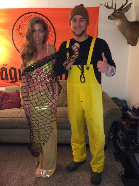 Mermaid and Fisherman Homemade Halloween Couples Costume Mermaid And Fisherman, Fisherman Costume, Homemade Couples Costumes, Halloween Couples Costume, Funny Couple Costumes, Halloween Couples, Black Halloween Dress, Couples Costume, Hallowen Costume