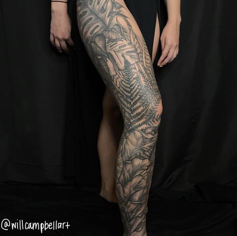 Jungle Shoulder Tattoo, Rainforest Tattoo Sleeve Black, Plant Tattoo Leg Sleeve, Plant Leg Sleeve Tattoo, Leg Fern Tattoo, Nature Themed Leg Sleeve Tattoo, Tropical Leg Tattoo, Tropical Plant Tattoo Sleeve, Safari Leg Sleeve Tattoo