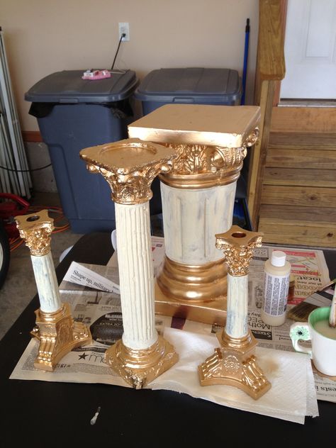 First coat of paint (antique white) on the columns!  Amazing what a little paint can do!!! Diy Pillars Columns Decor, Diy Greek Decor, Diy Columns, Greek Party Theme, Pallet Furniture Bedroom, Diy Storage Cabinets, Diy Garden Furniture, Paint Can, Cardboard Art