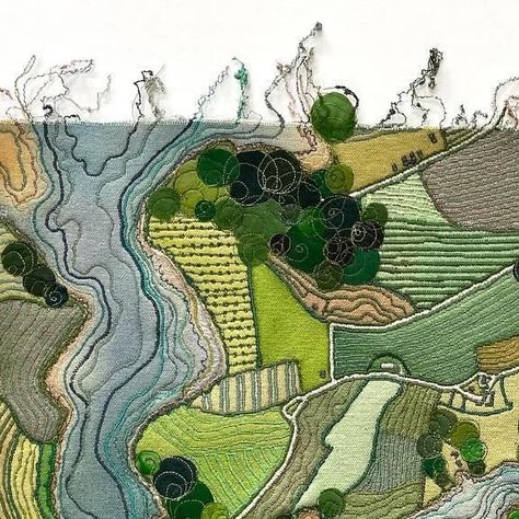 Kate Tarling on Instagram: "Salcombe, 44cm x26cm paint and freehand embroidery on canvas.  #textileart #stitchedart #embroideryart #embroideredmap #mapart #landscapeart #freehandmachineembroidery #embroiderersofinstagram #maps #salcombe #salcombeestuary #katetarlingtextiles #bristolartist" Painting On Maps, Ap Painting, Kate Tarling, Aerial Embroidery, Map Quilts, Map Embroidery, Embroidery Map, Embroidery On Canvas, Freehand Embroidery