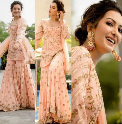 Peach Punjabi Suit, Peach Indian Outfit, Peach Sharara Suit, Peach Sharara, Peach Embroidery, Catherine Tresa, Saree Jackets, Sharara Designs, Traditional Outfit