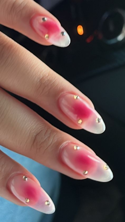 Aura Gem Nails, Plain Pink Nails With Gems, Pink Aura Nails With Gems, Simple Gel X Nails Almond, Unique Pink Nails, Hot Pink Nails With Gems, Summer Nails With Gems, Aura Nails With Gems, Pink Nails Gems