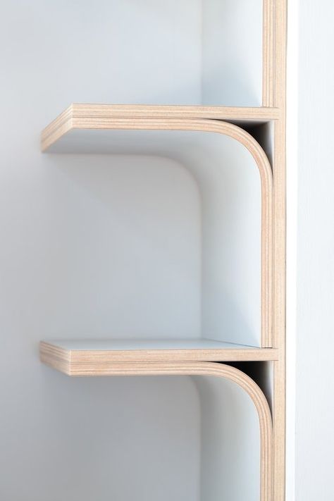 A close up of a bespoke #curved #plywood shelf Lozi made for a client's #dressing #room. Plywood Interior Design, Curved Shelves, Plywood Furniture Plans, Curved Shelf, Plywood Shelving, Plywood Shelf, Plywood Finish, Alcove Storage, Curved Plywood