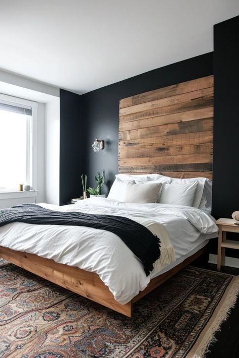 25 Bold Black Accent Wall Bedroom Ideas to Upgrade Your Space - Roomy Retreat Black Wall Accent Bedroom, Black And Wood Accent Wall, Small Bedroom Accent Wall Ideas, Black Feature Wall Bedroom, Small Bedroom Accent Wall, Black Accent Wall Bedroom Ideas, Accent Wall Bedroom Ideas, Black Accent Wall Bedroom, Black Wall Bedroom