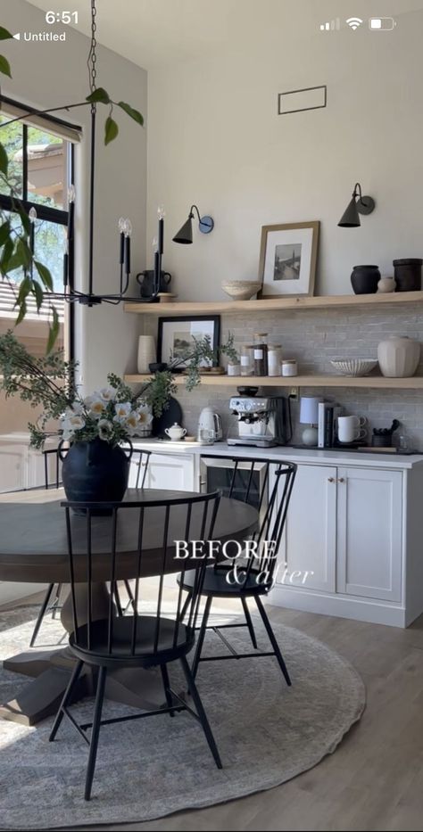 Dividing Kitchen And Living Room Ideas, Coffee Nook In Dining Room, Coffee Bar Sitting Room, Dining Area Coffee Bar, Kitchen Dining Area Decor, French Country Wall Decor Living Room, Dinning Area Decoration, Breakfast Area Ideas Open Kitchens, Coffee Area In Kitchen