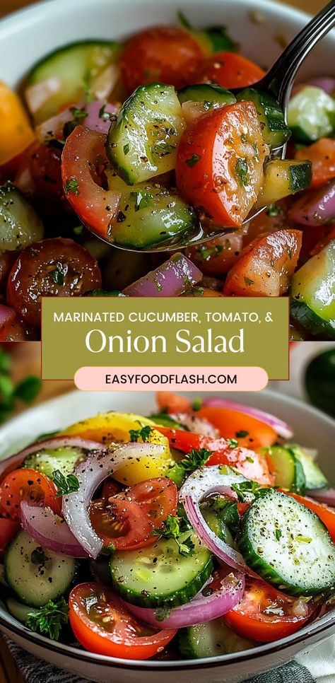 This refreshing and simple marinated cucumber, tomato, and onion salad is the perfect side dish for any meal. The tangy vinegar and olive oil dressing, combined with the sweetness of sugar and the savory flavor of oregano, bring out the best in the fresh vegetables. Marinate it for an hour (or overnight) for the full flavor! Easy Cucumber Tomato Salad With Apple Cider Vinegar, Cucumber Onion Tomato Salad Italian Dressing, Dressing For Cucumber Tomato Salad, Onion And Cucumber Salad Vinegar, Cucumber Bacon Salad, Marinated Tomatoes And Cucumbers, Cucumber With Vinegar, Overnight Salad Recipe, Tomatoe Cucumber Salad