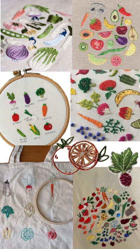 Embroidered fruits & vegetables!!! Vegetable Embroidery, Embroidered Fruit, Diy Bead Embroidery, A Farmer, Embroidery Inspiration, Fruits Vegetables, Fruits And Veggies, Diy Beads, Beaded Embroidery