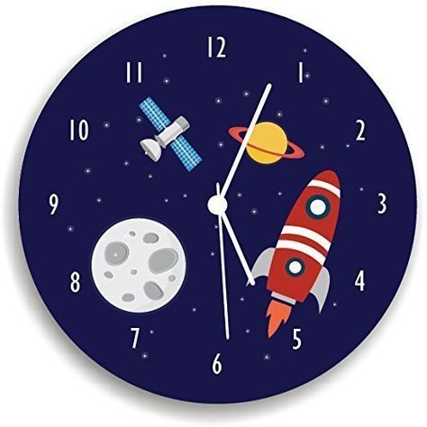 Room Decor Space, Childrens Wall Clock, Kids Wall Clock, Colorful Wall Clocks, Room Cute, Bedroom Wall Clock, Children Room Boy, Space Boy, Black Wall Clock