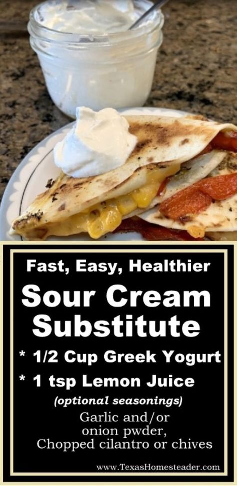 How To Make A Healthy Sour Cream Substitute With Yogurt & Lemon. ~ Texas Homesteader ~ Replacement For Heavy Cream, Hummus Variations, Substitute For Sour Cream, Healthy Sour Cream, Yogurt Substitute, Cream Substitute, Dairy Substitutes, Sour Cream Substitute, Homemade Sour Cream