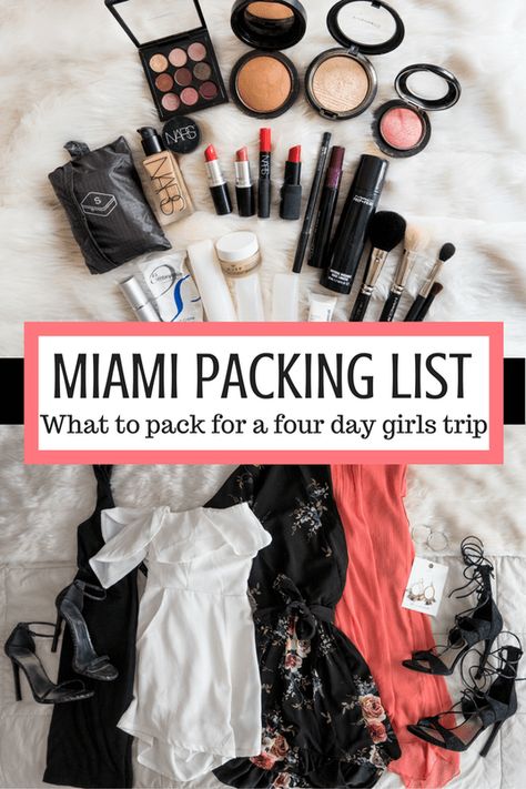 Miami Packing List: What to pack for a four days girls trip to Miami florida all in one carry-on! Miami Packing List, Girls Weekend Outfits, Miami Vacation Outfits, Miami Weekend, Weekend Packing List, Miami Outfits Night, Weekend In Miami, Trip To Miami, Miami Bachelorette Party