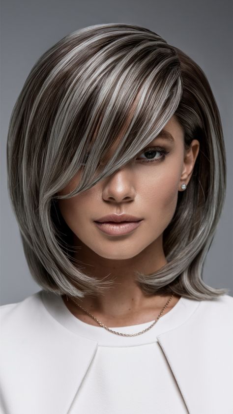 Asian Gray Blending, Two Tone Grey Hair, Short Bayalage Brunette, Highlights For Graying Hair Brunettes, Greying Hair Highlights Blending, Low Lights For Gray Hair, Short Salt And Pepper Hair, Brown And Gray Hair, Gray Highlights Brown Hair Over 50