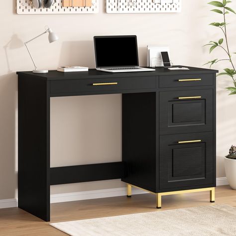 PRICES MAY VARY. Modern Minimalistic Style--- This office desk with drawers is based on the classic black desk design with the addition of a gold handle and base to make it more sophisticated and simple, its clean lines and unique beauty make it for different decorative styles and enhance the overall atmosphere of the room. Large Storage Space---The small desk with drawers to store whatever you want. Two large multi-purpose file cabinets hold books, documents, toys and more for easy access. Two Bedroom Black And Gold, Black And Gold Desk, Desks With Storage, Small Black Table, Writing Laptop, Small Room Desk, Kids Room Desk, Teen Desk, Boys Desk