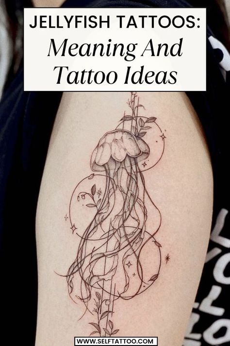 Jellyfish Tattoos: Meaning And Tattoo Ideas #tattoo #art #jellyfish #tattooed Jellyfish Tattoo Color, Small Jellyfish Tattoo, Simple Jellyfish Tattoo, Trend Tattoos, Small Jellyfish, Self Tattoo, A Tattoo Design, Tattoos Meaning, Jellyfish Tattoo