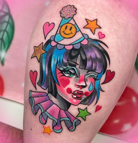 Happy Clown Tattoo, Girl Clown Tattoo, 333 Tattoos, Cute Clown Tattoo, Clown Girl Tattoo, Clown Tattoo Design, Kawaii Clown, Neo Psychedelia, Clown Smile