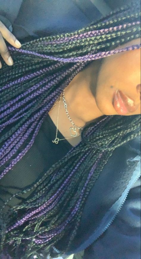 Black And Purple Peekaboo Knotless Braids, Box Braids Hairstyles Purple And Black, Peek A Boo Hair Color Ideas Braids, Purple Peakaboo Braids, Dark Purple Peekaboo Braids, Purple Peekaboo Highlights Braids, Purple Peek A Boo Box Braids, Split Colored Box Braids, Peek A Boo Hair Braids