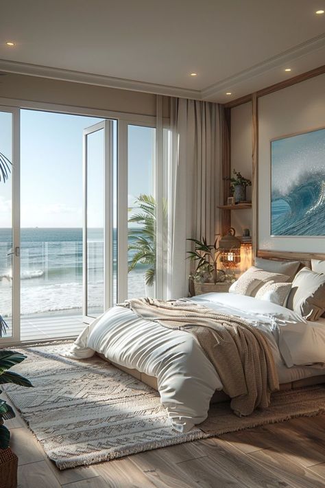 Modern Beach Bedroom Decor, Minimalist Coastal Bedroom, Bedroom Beach View, Miami Bedroom, Simple Beach House, Coastal Bedroom Design, Beach Hotel Room, Bedroom Ceilings, Cool Greys