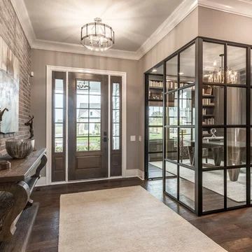 75 Traditional Entryway Ideas You'll Love - April, 2023 | Houzz High Ceiling Home Office, Glass Enclosed Home Office, Office With Glass Doors, Interior Glass Doors Ideas, Traditional Entryway Ideas, Benjamin Moore Pashmina, Cozy Home Office Ideas, Glass Home Office, Traditional Entryway