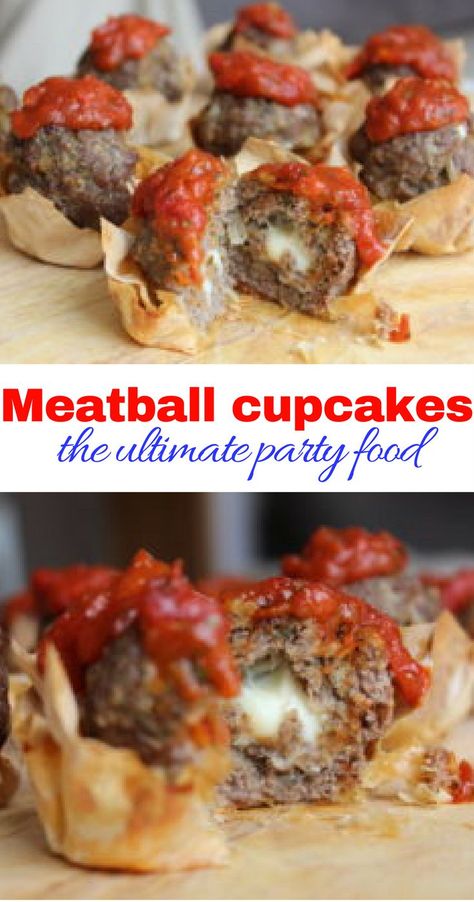 The meatball cupcakes will be the show stopper at your next dinner party! These melt in the middle meatballs are packed full of flavour, nestled in a filo pastry case and topped with a rich tomato sauce. Perfect finger food! Party Food | Meatball Recipe | Melt in the middle meatballs | Finger Food #meatballs #partyfood #meltinthemiddle Meatball Cupcakes, Party Food Meatballs, Pastry Case, Meatballs Recipes, Appetizer Party, Spaghetti Salad, Tiny Foods, Filo Pastry, Meatball Recipe