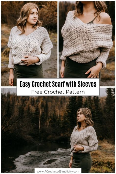 Learn to crochet a sweater scarf with this beginner-friendly crochet pattern. A scarf with sleeves (also called a thneed), can be worn as a crochet scarf, a cowl, a shawl, and even a wrap around sweater! This beginner-friendly pattern is worked all in one piece. Crochet Sweater Scarf, Scarf With Sleeves, Easy Crochet Sweater, Easy Crochet Scarf, Crochet Sweater Pattern, Modern Crochet Patterns, Crochet Tops Free Patterns, Diy Scarf, Crochet Shawls And Wraps